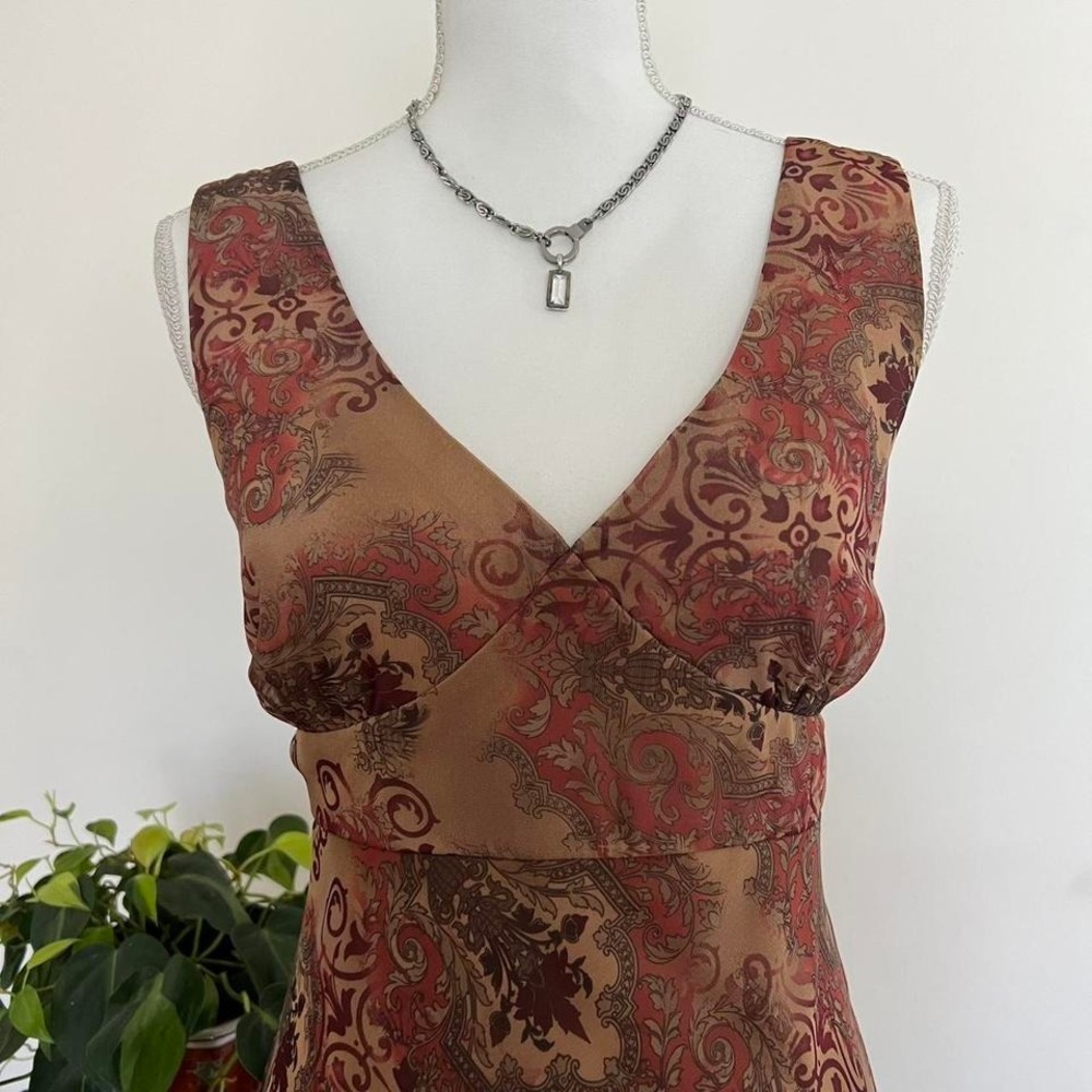 Vintage Y2K 90s Orange Brown Paisley Midi Dress with Sheer Ruffle Hem M Fairy - Picture 2 of 8